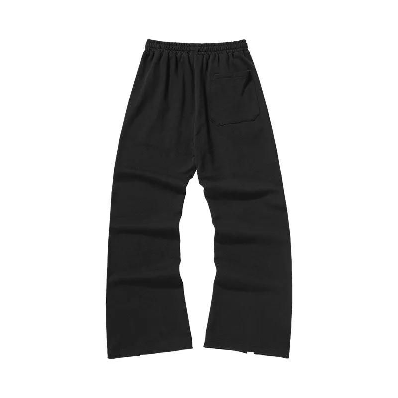 Letter-printed drawstring waistband straight cotton slit flare casual pants
