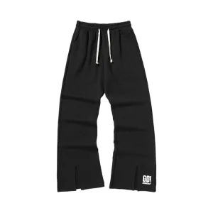 Letter-printed drawstring waistband straight cotton slit flare casual pants