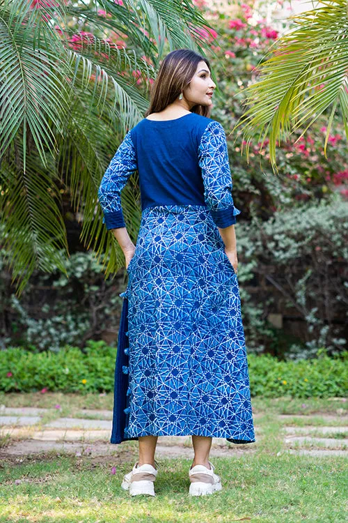 Moralfibre Handblock Printed Indigo Dress  With Hand Made Fumti Details