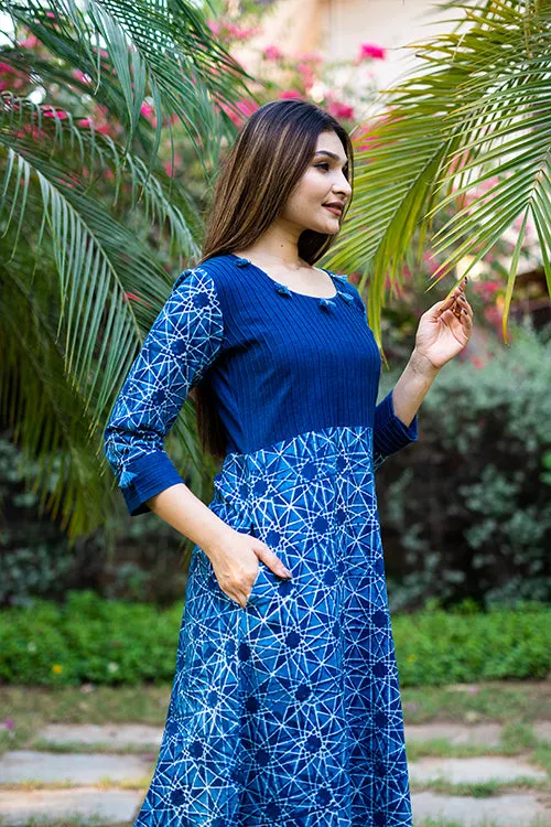 Moralfibre Handblock Printed Indigo Dress  With Hand Made Fumti Details