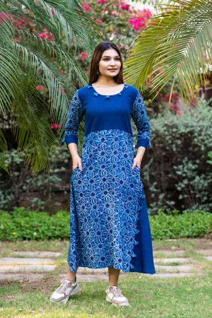 Moralfibre Handblock Printed Indigo Dress  With Hand Made Fumti Details