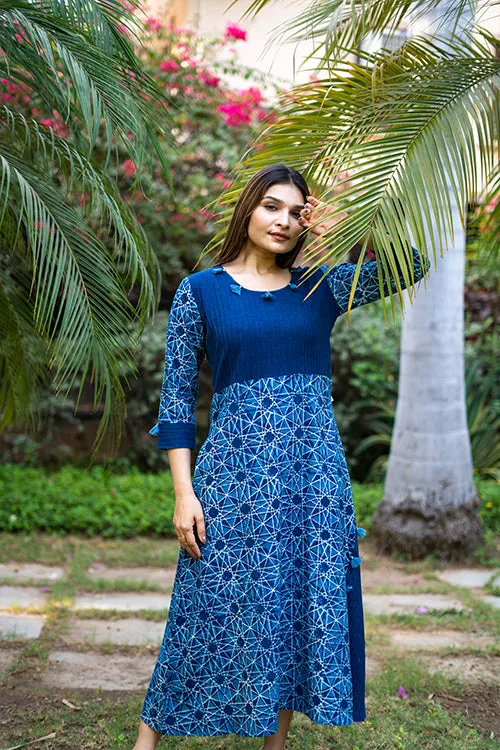 Moralfibre Handblock Printed Indigo Dress  With Hand Made Fumti Details