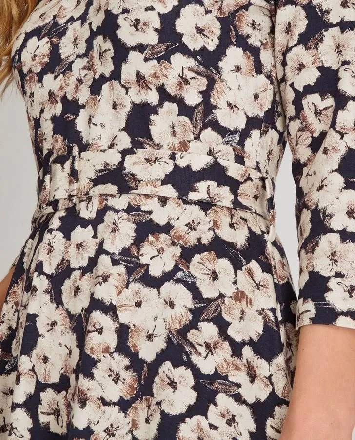 Navy Cafe Floral Fit and Flare Dress