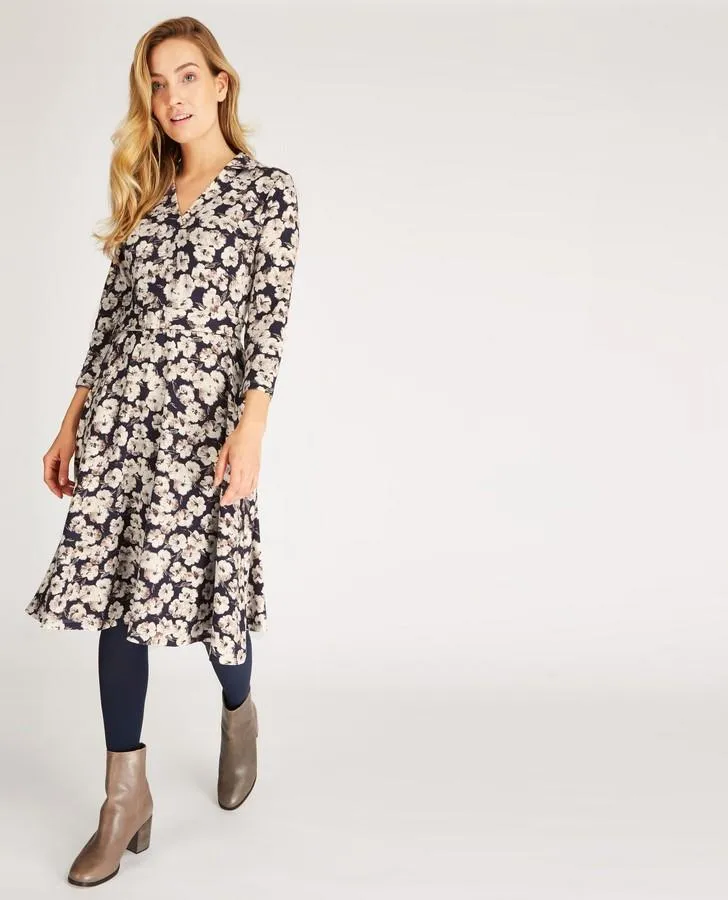 Navy Cafe Floral Fit and Flare Dress