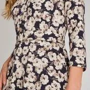 Navy Cafe Floral Fit and Flare Dress