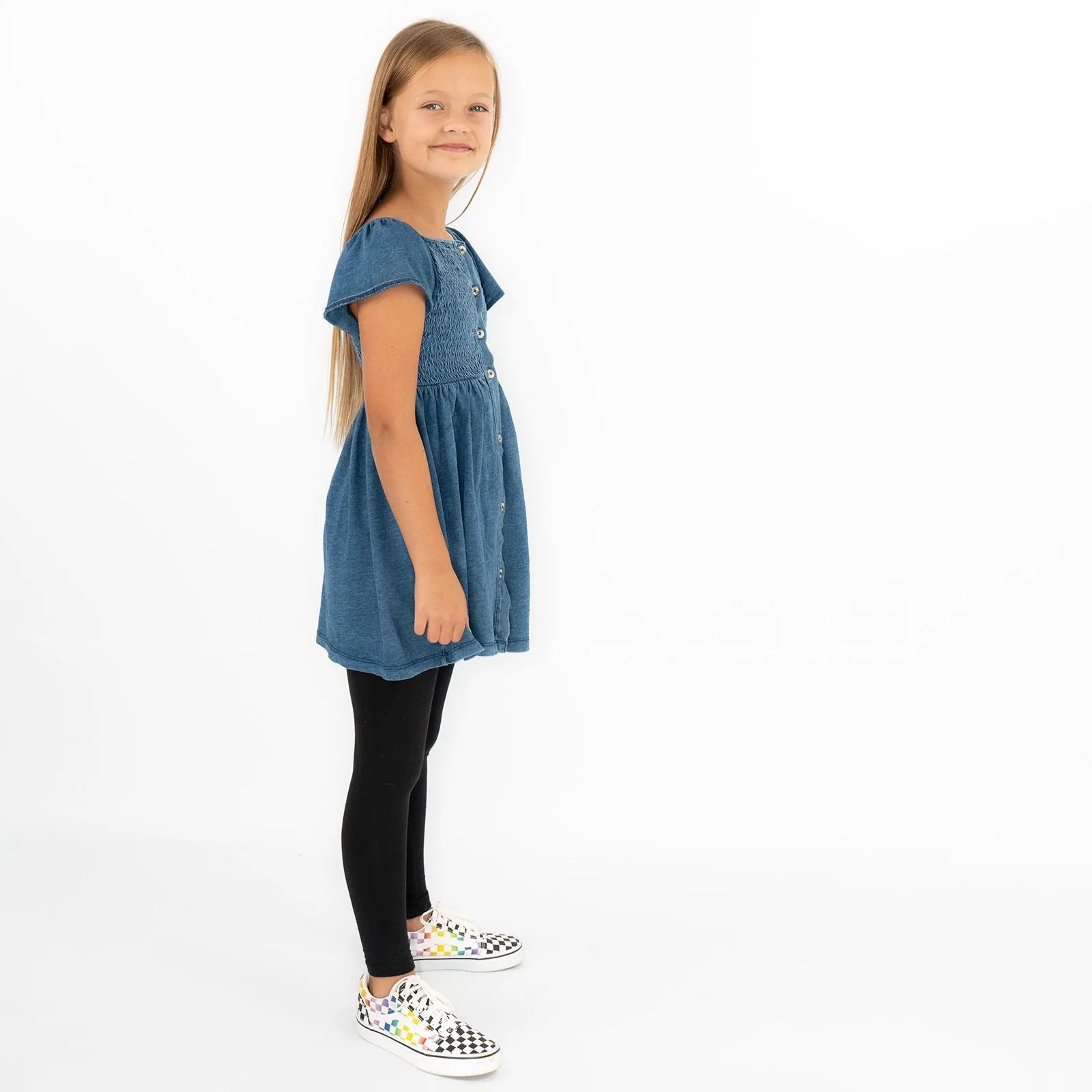 Next Girls Blue Shirred Bodice Dress Cotton Knee Length