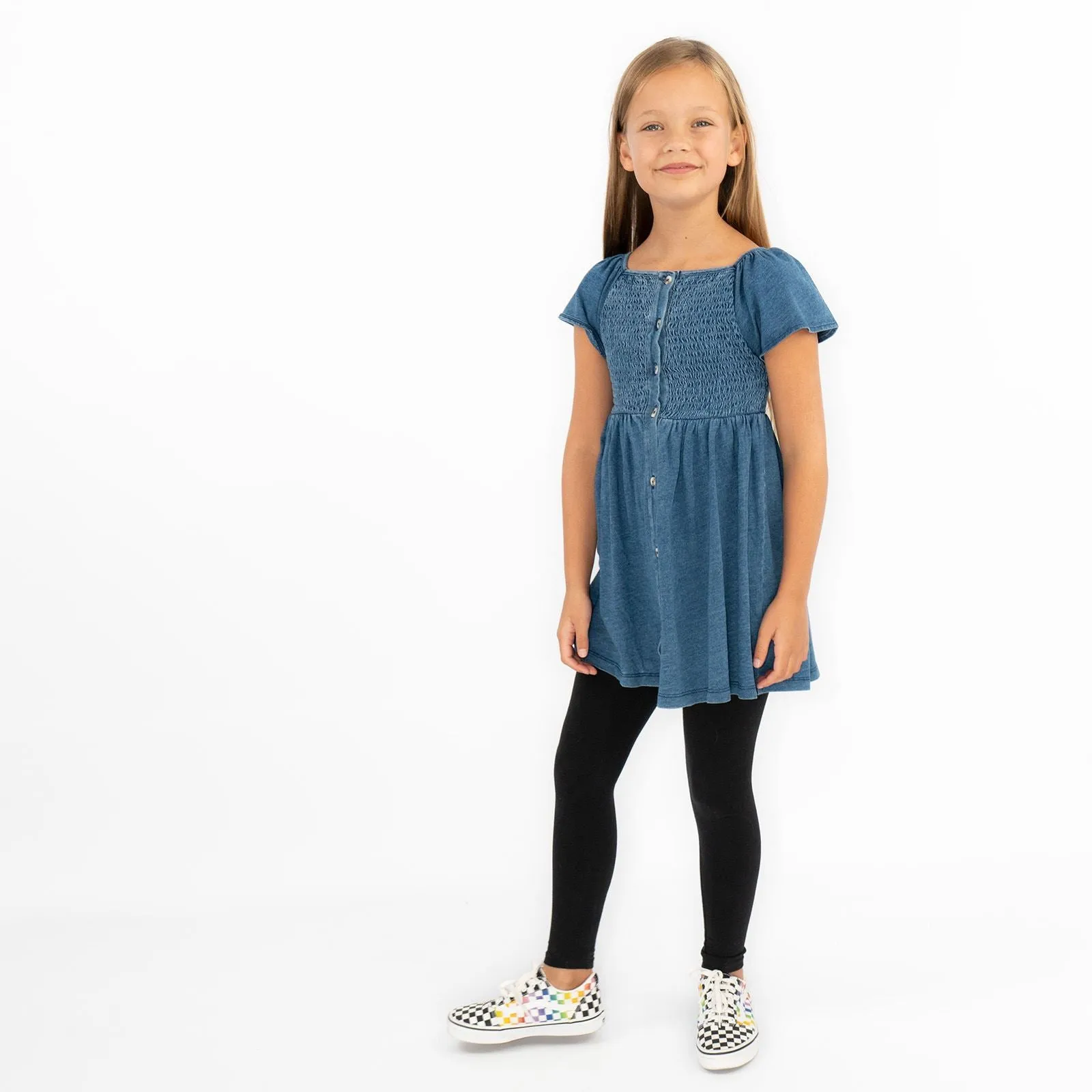 Next Girls Blue Shirred Bodice Dress Cotton Knee Length