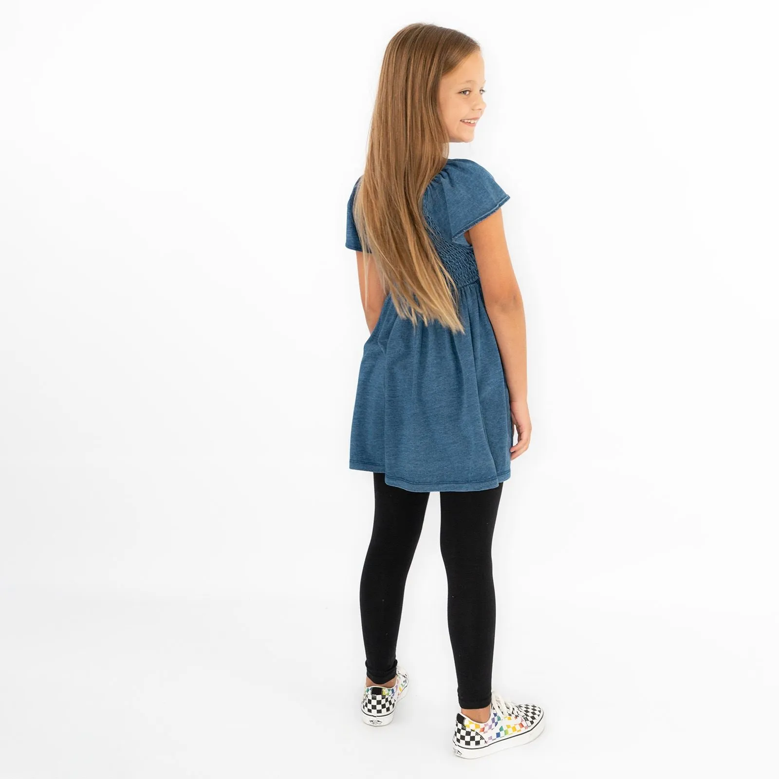 Next Girls Blue Shirred Bodice Dress Cotton Knee Length