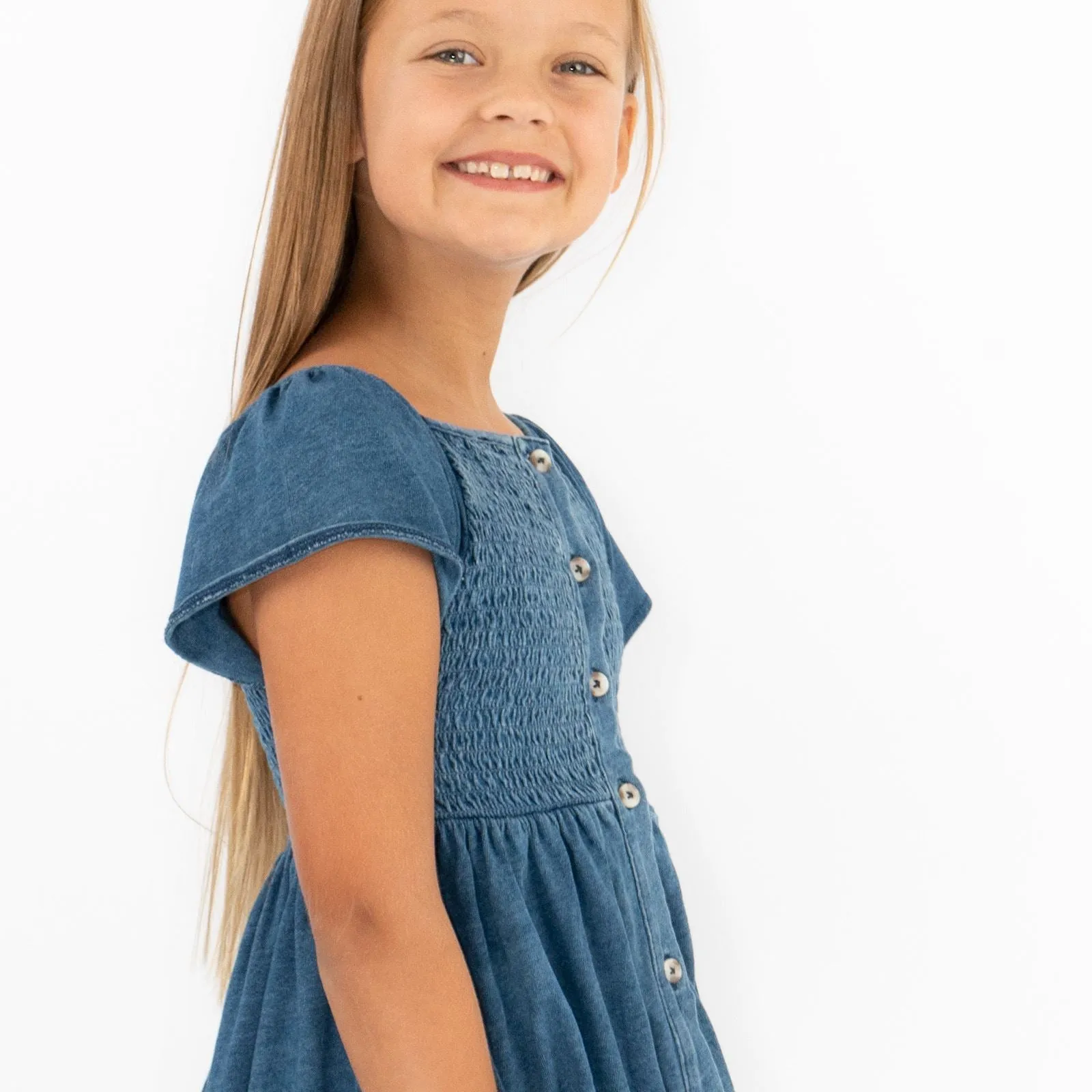 Next Girls Blue Shirred Bodice Dress Cotton Knee Length