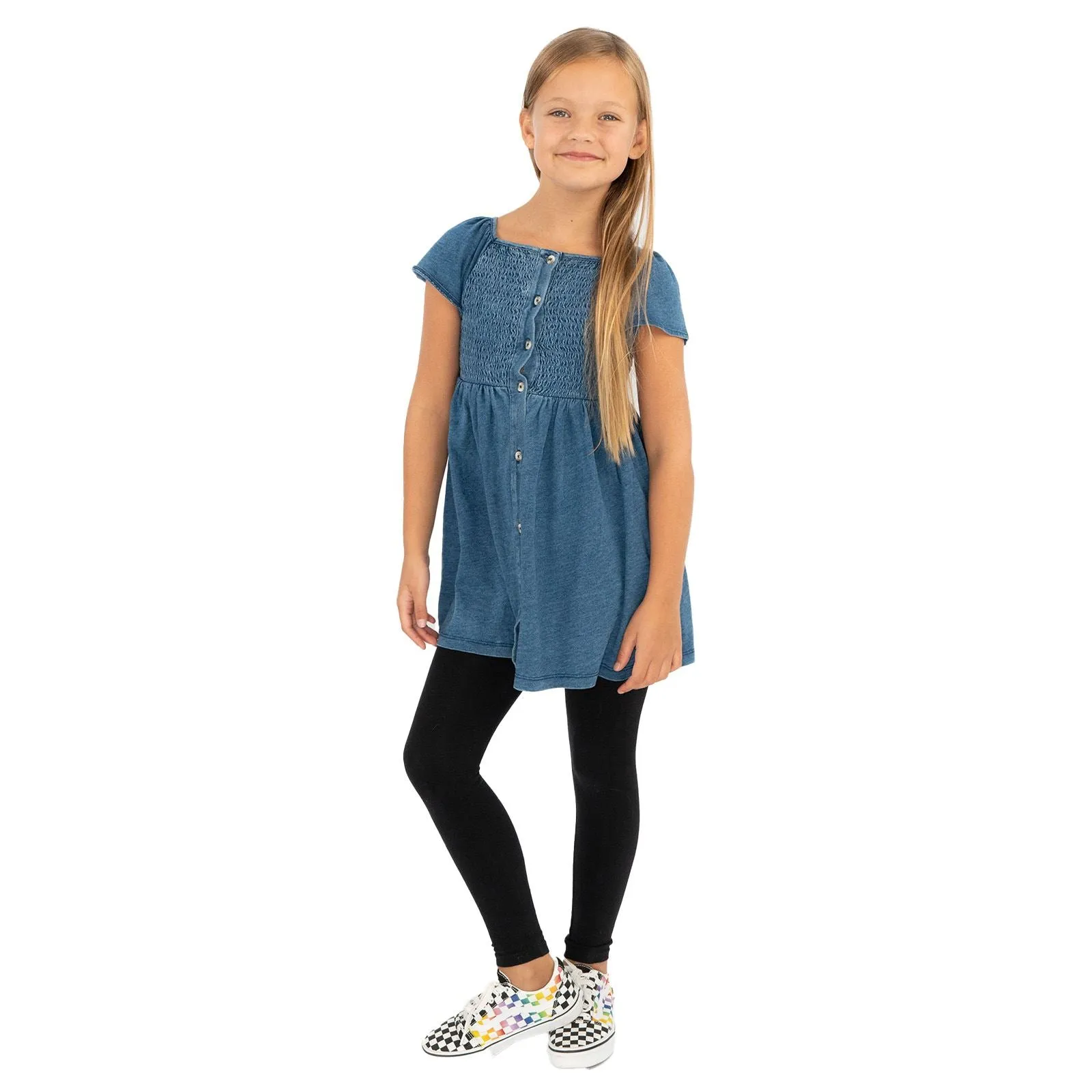 Next Girls Blue Shirred Bodice Dress Cotton Knee Length