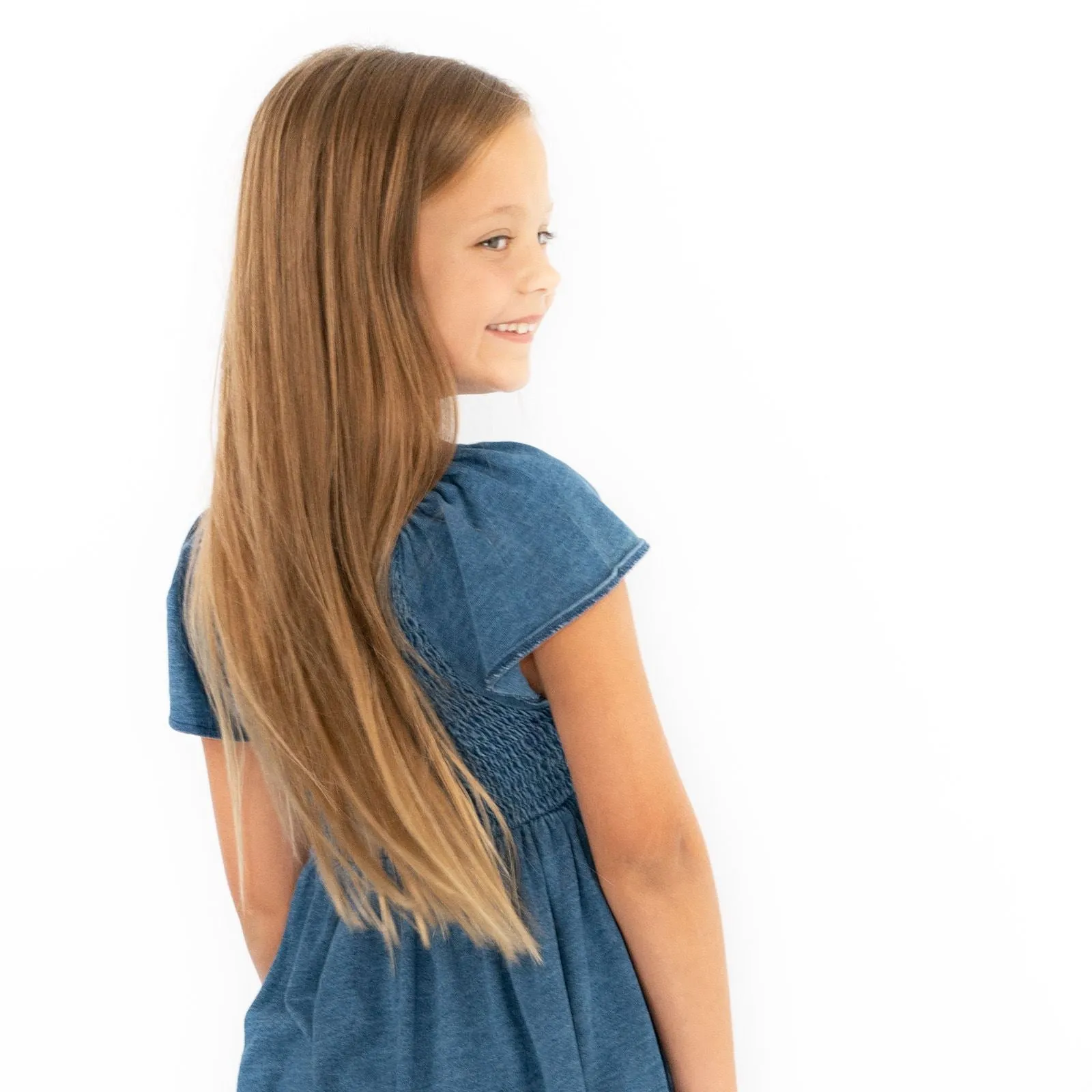 Next Girls Blue Shirred Bodice Dress Cotton Knee Length