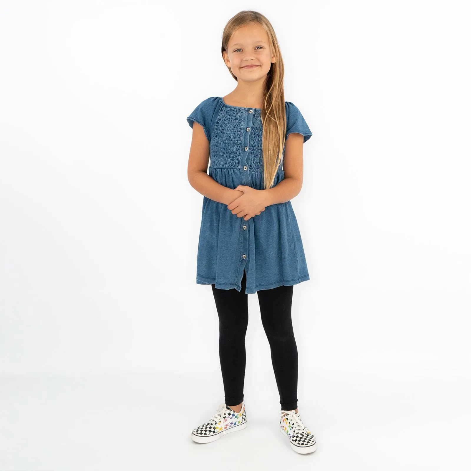 Next Girls Blue Shirred Bodice Dress Cotton Knee Length