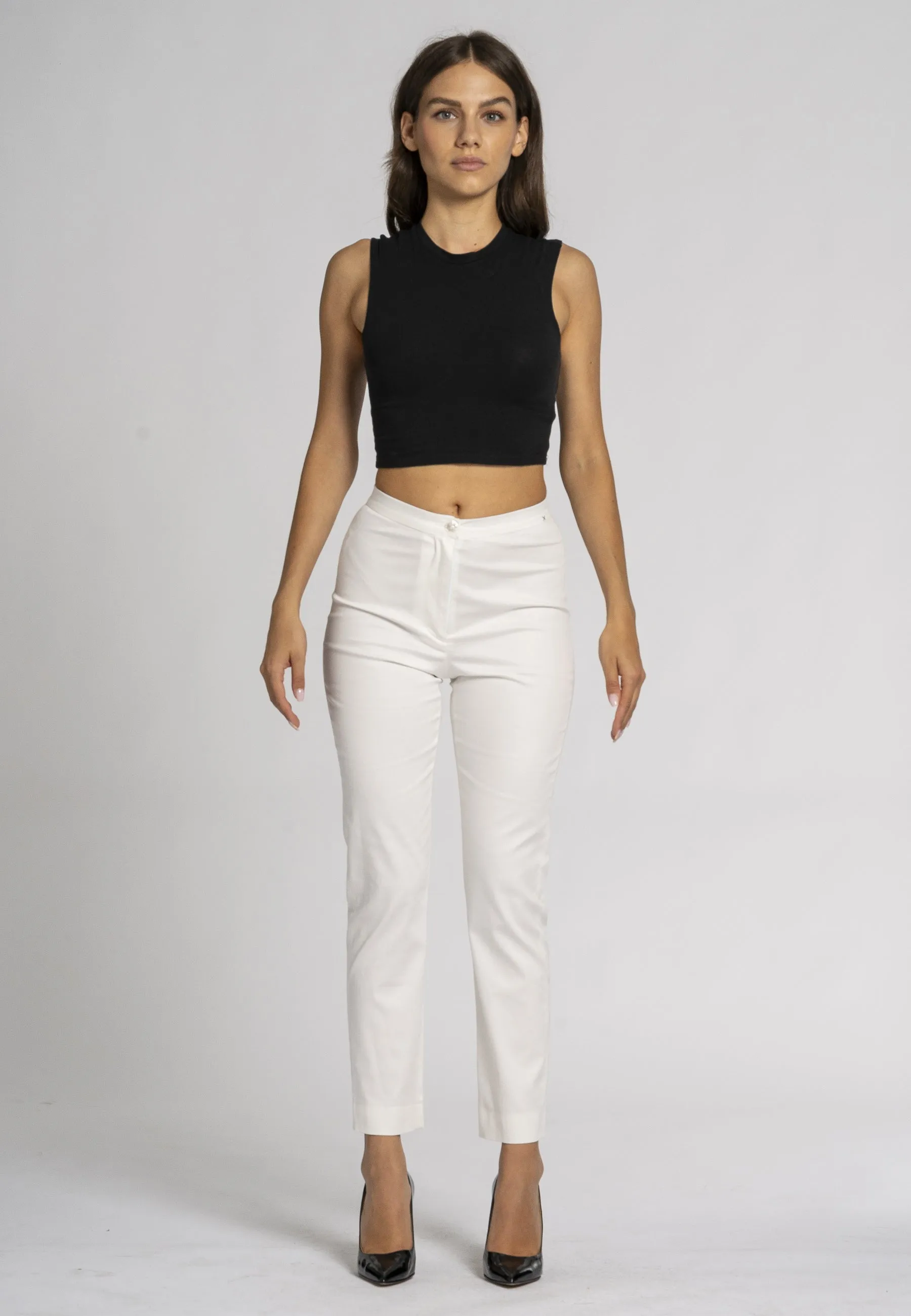 Primula Slim Fit Pants - White Stretch Cotton, Ankle-Length Leg, Zip and Button Front Opening