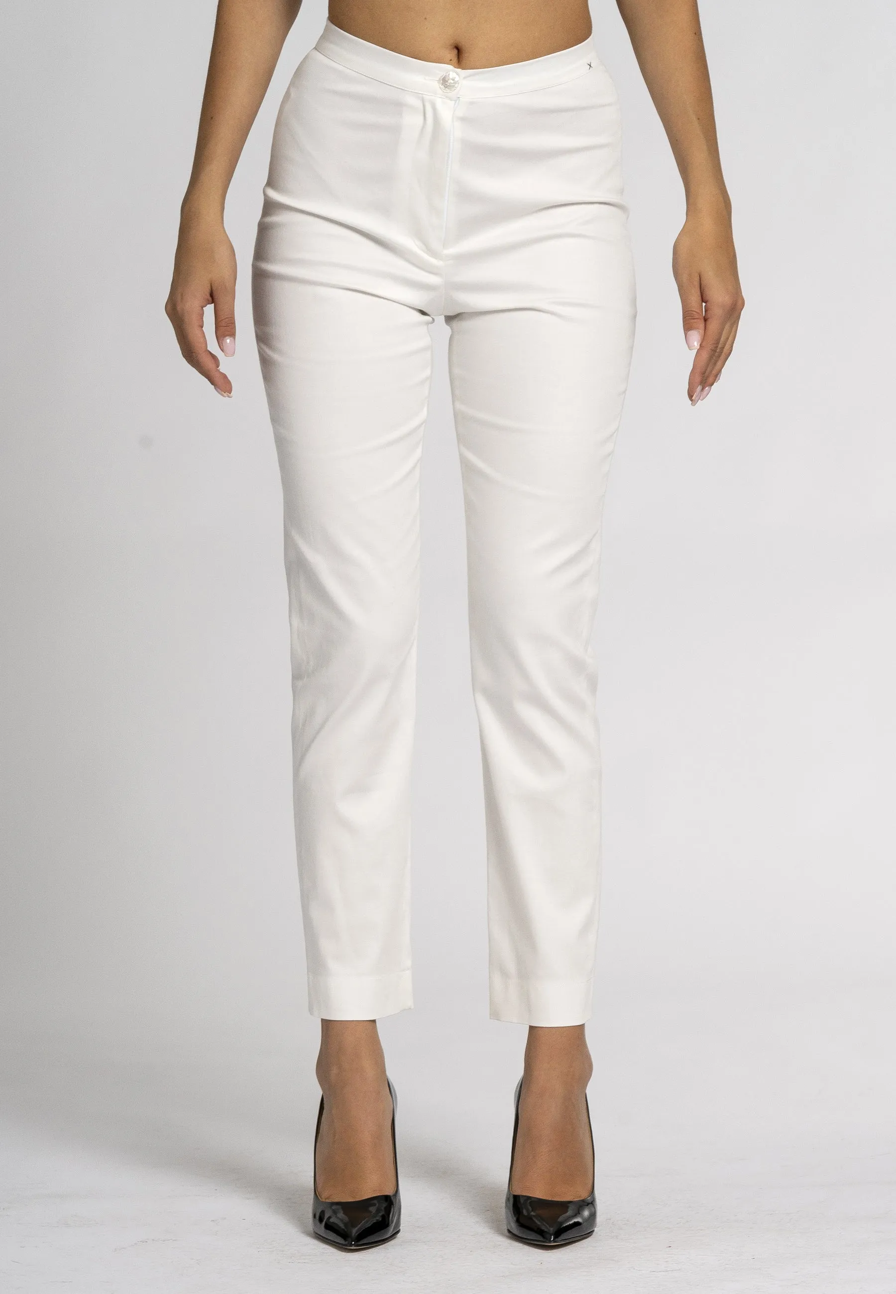 Primula Slim Fit Pants - White Stretch Cotton, Ankle-Length Leg, Zip and Button Front Opening