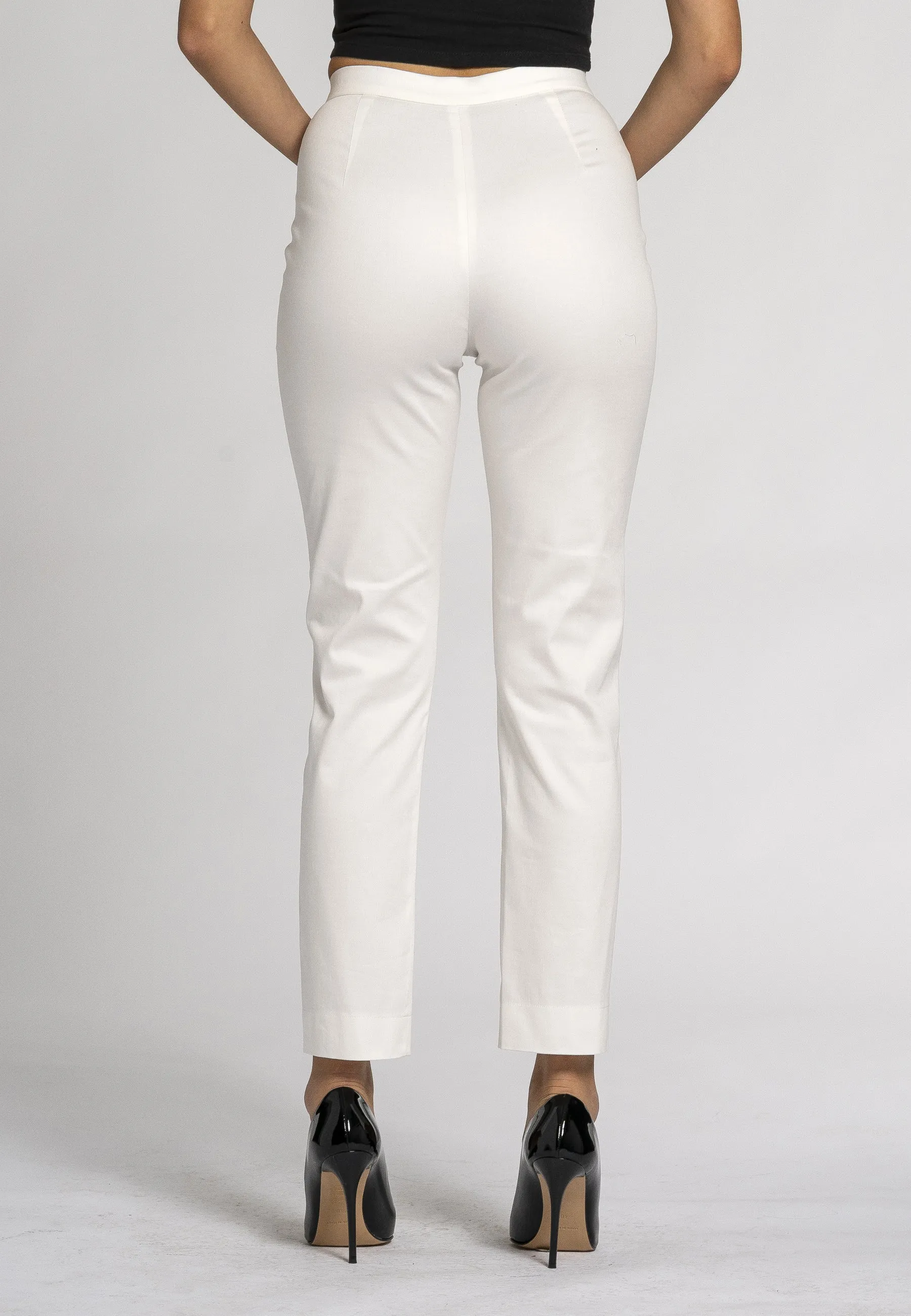 Primula Slim Fit Pants - White Stretch Cotton, Ankle-Length Leg, Zip and Button Front Opening