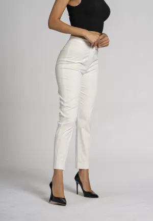 Primula Slim Fit Pants - White Stretch Cotton, Ankle-Length Leg, Zip and Button Front Opening