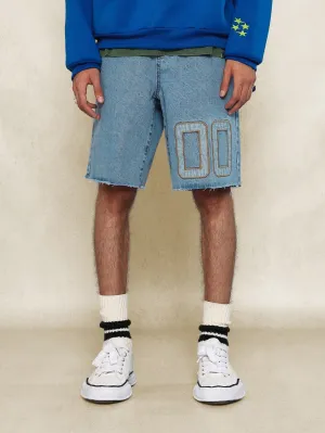 Raw Edge Denim Short With Front Applique