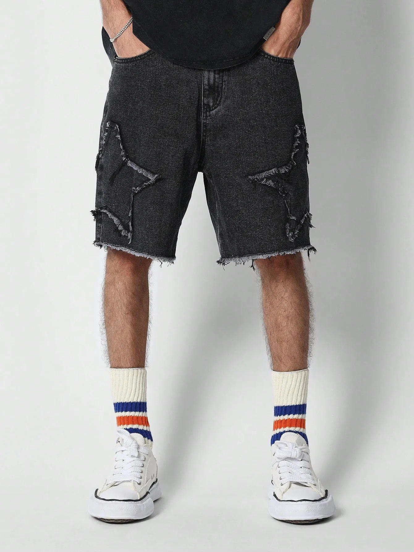 Raw Hem Denim Short With Applique