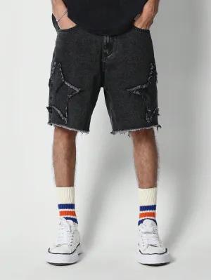 Raw Hem Denim Short With Applique