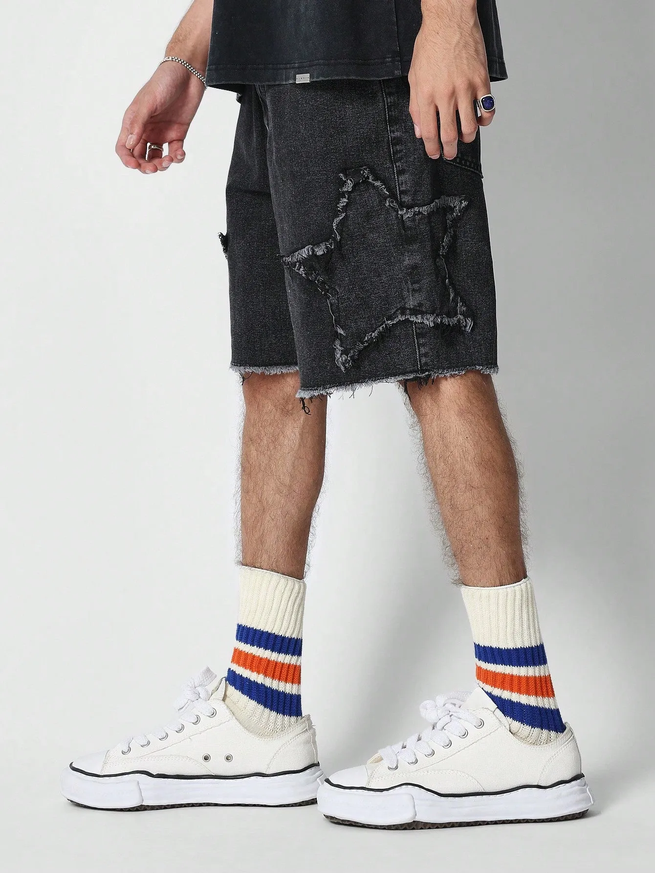 Raw Hem Denim Short With Applique