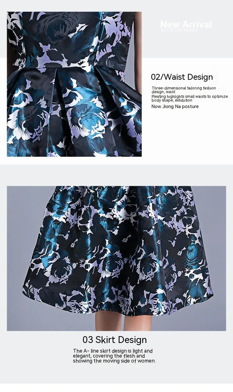 Regal Bloom: Blue Floral Jacquard Sleeveless Dress