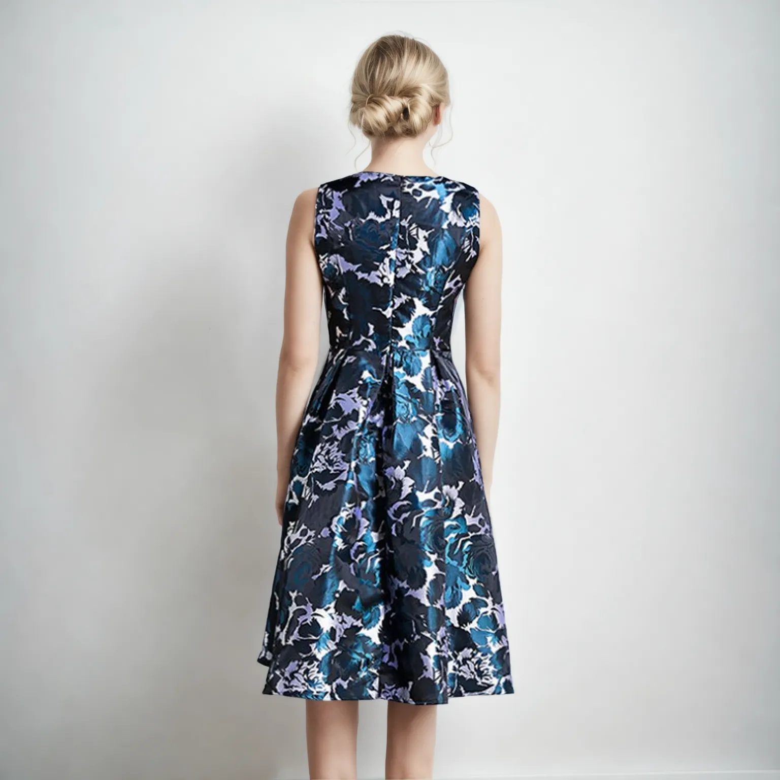 Regal Bloom: Blue Floral Jacquard Sleeveless Dress