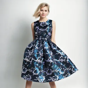 Regal Bloom: Blue Floral Jacquard Sleeveless Dress