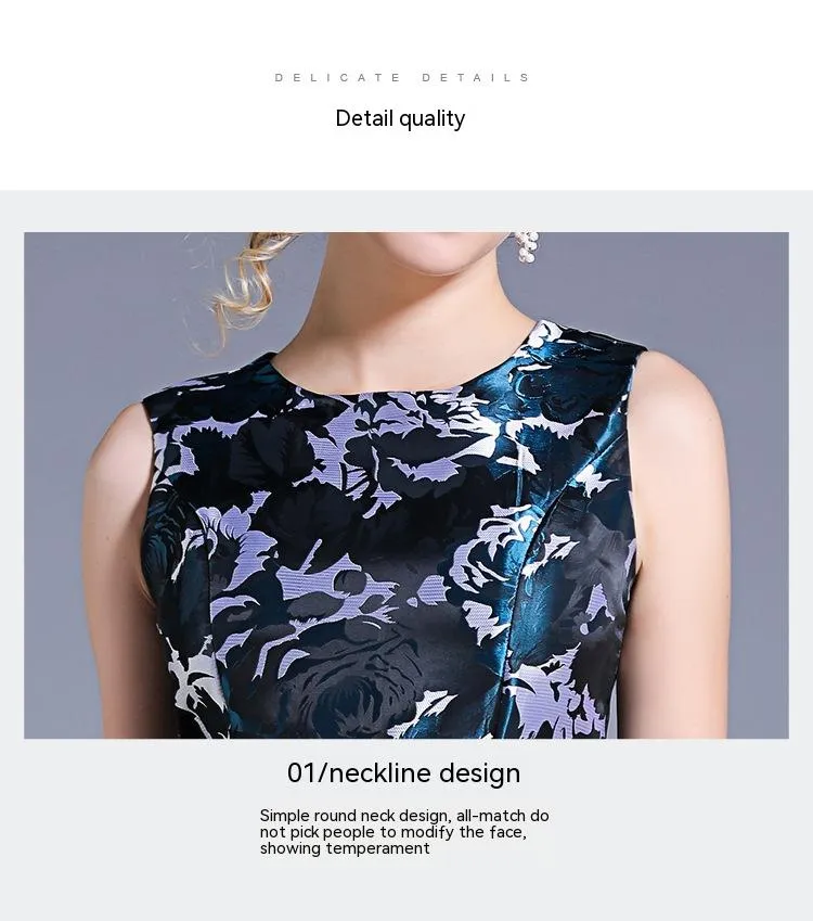 Regal Bloom: Blue Floral Jacquard Sleeveless Dress