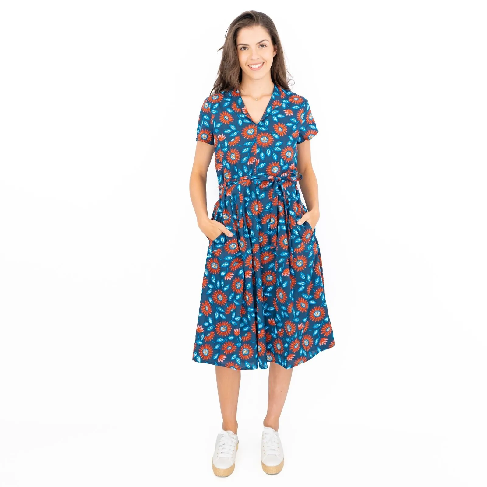 Seasalt Top Terrace Dress Woodcut Sunflower Short Sleeve Midi Dress