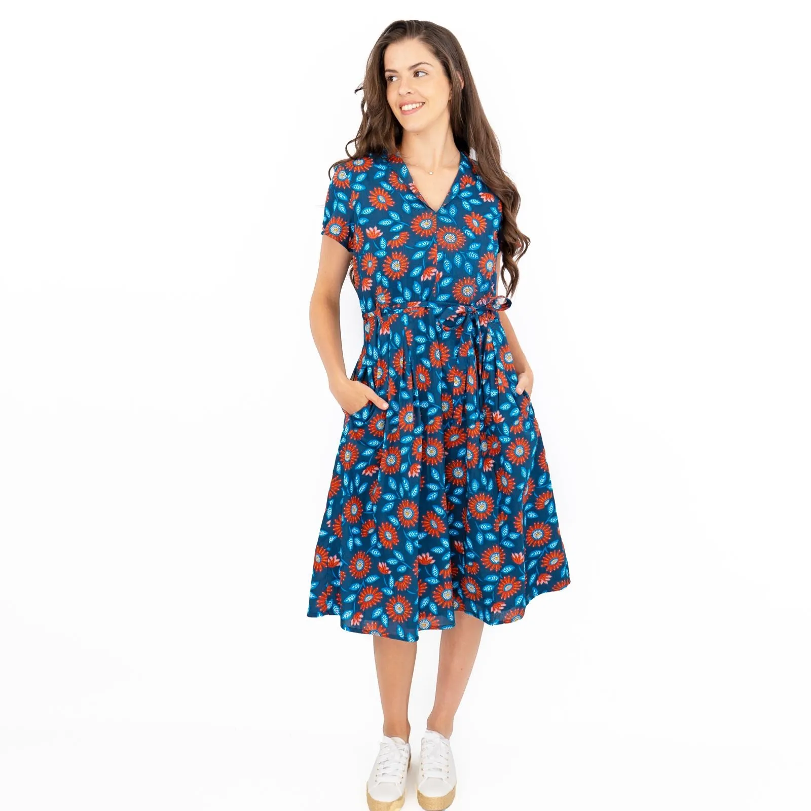 Seasalt Top Terrace Dress Woodcut Sunflower Short Sleeve Midi Dress