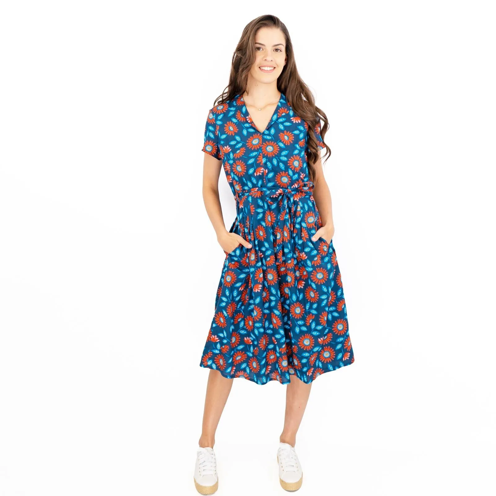 Seasalt Top Terrace Dress Woodcut Sunflower Short Sleeve Midi Dress