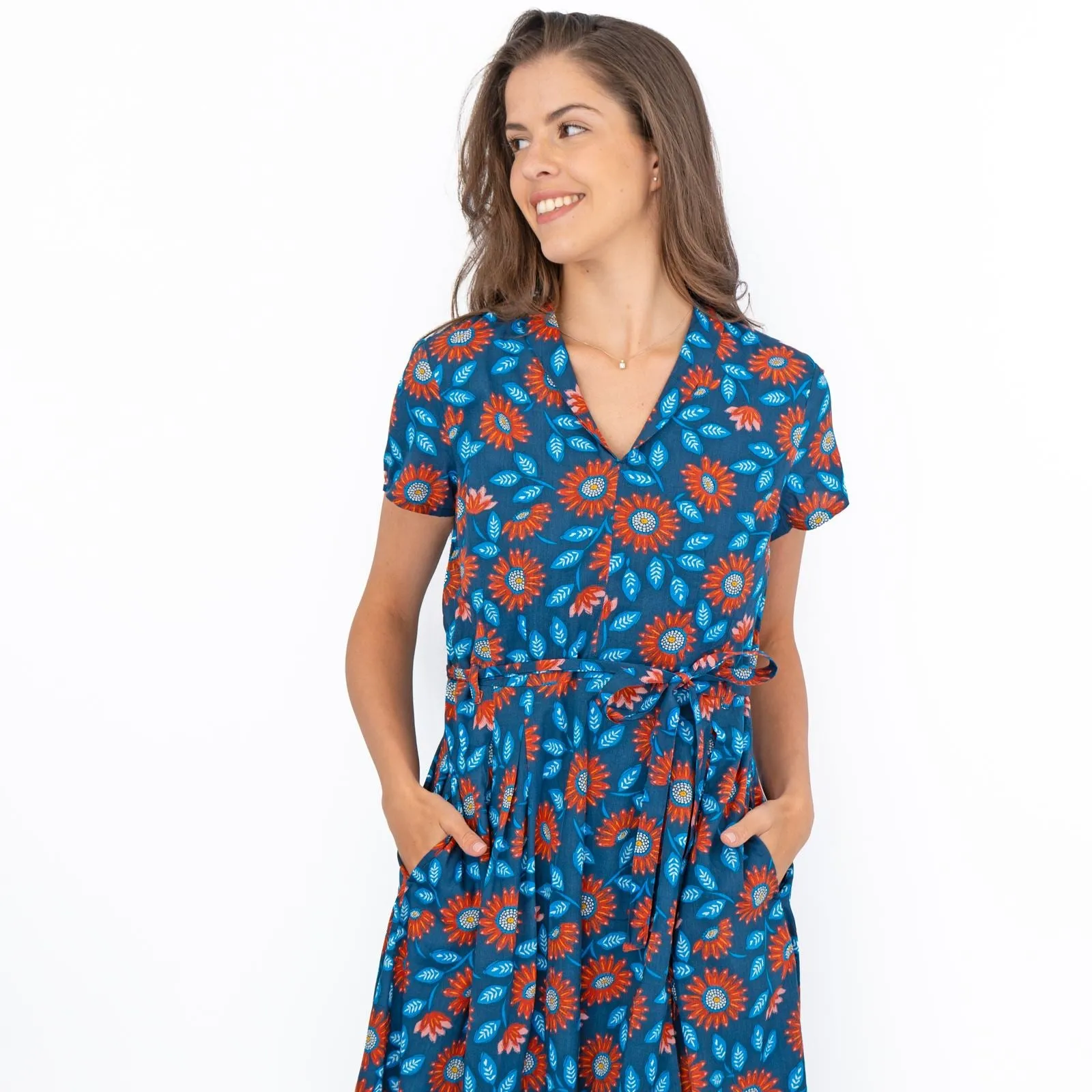 Seasalt Top Terrace Dress Woodcut Sunflower Short Sleeve Midi Dress