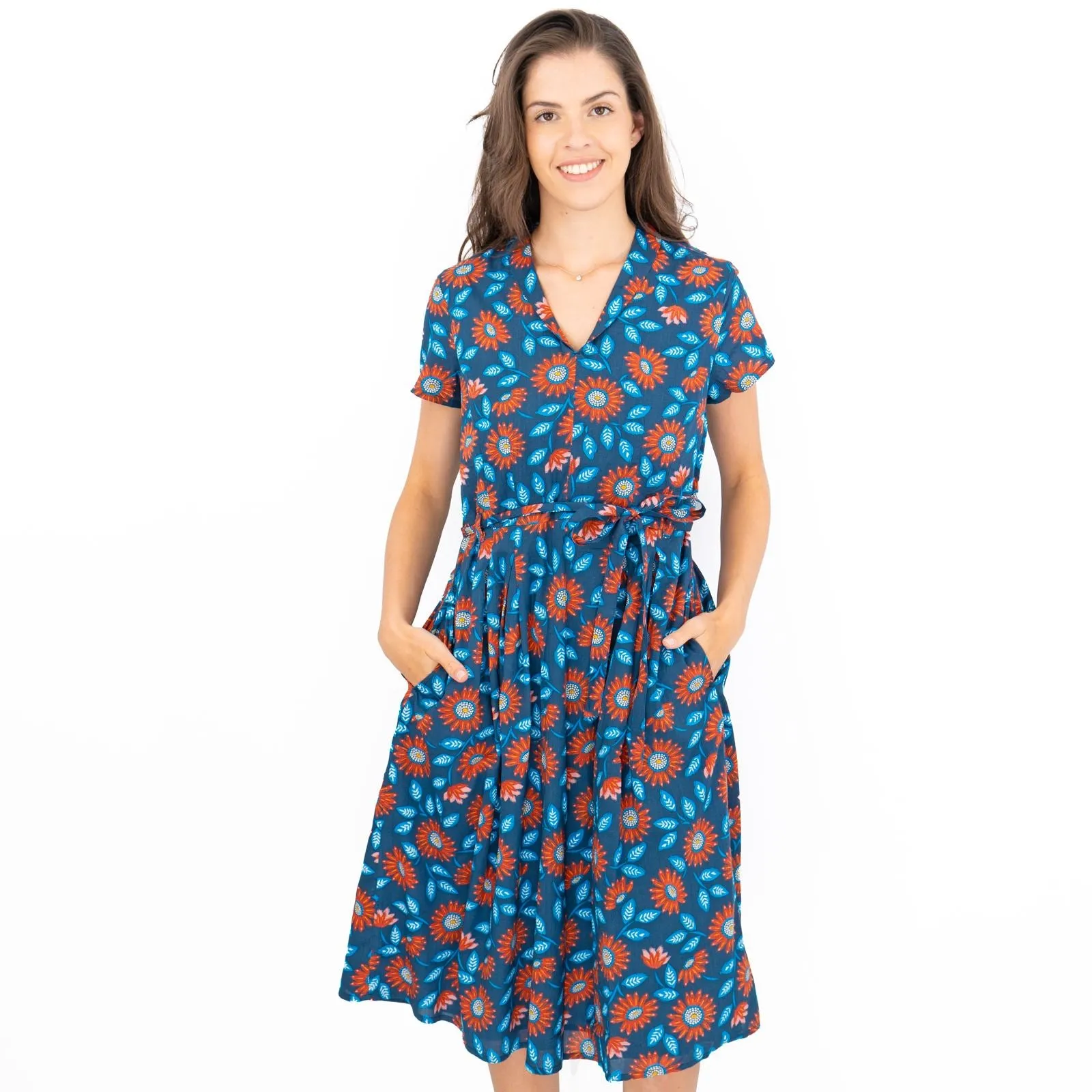 Seasalt Top Terrace Dress Woodcut Sunflower Short Sleeve Midi Dress