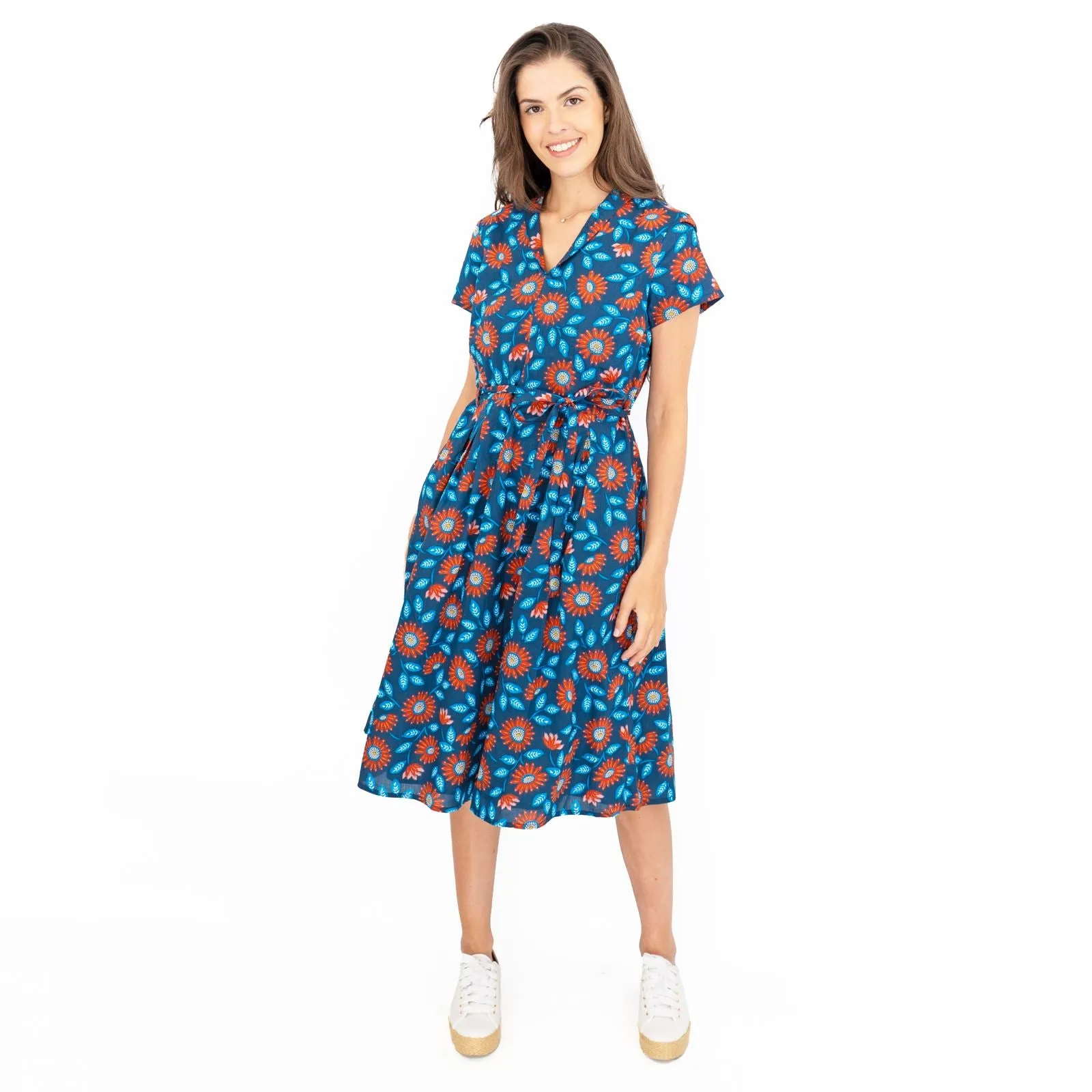 Seasalt Top Terrace Dress Woodcut Sunflower Short Sleeve Midi Dress