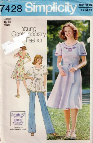 Simplicity 7428 Womens Back Wrap Dress & Top with Embroidery Transfer 1970s Vintage Sewing Pattern Size LARGE 16-18 UNCUT Factory Folded