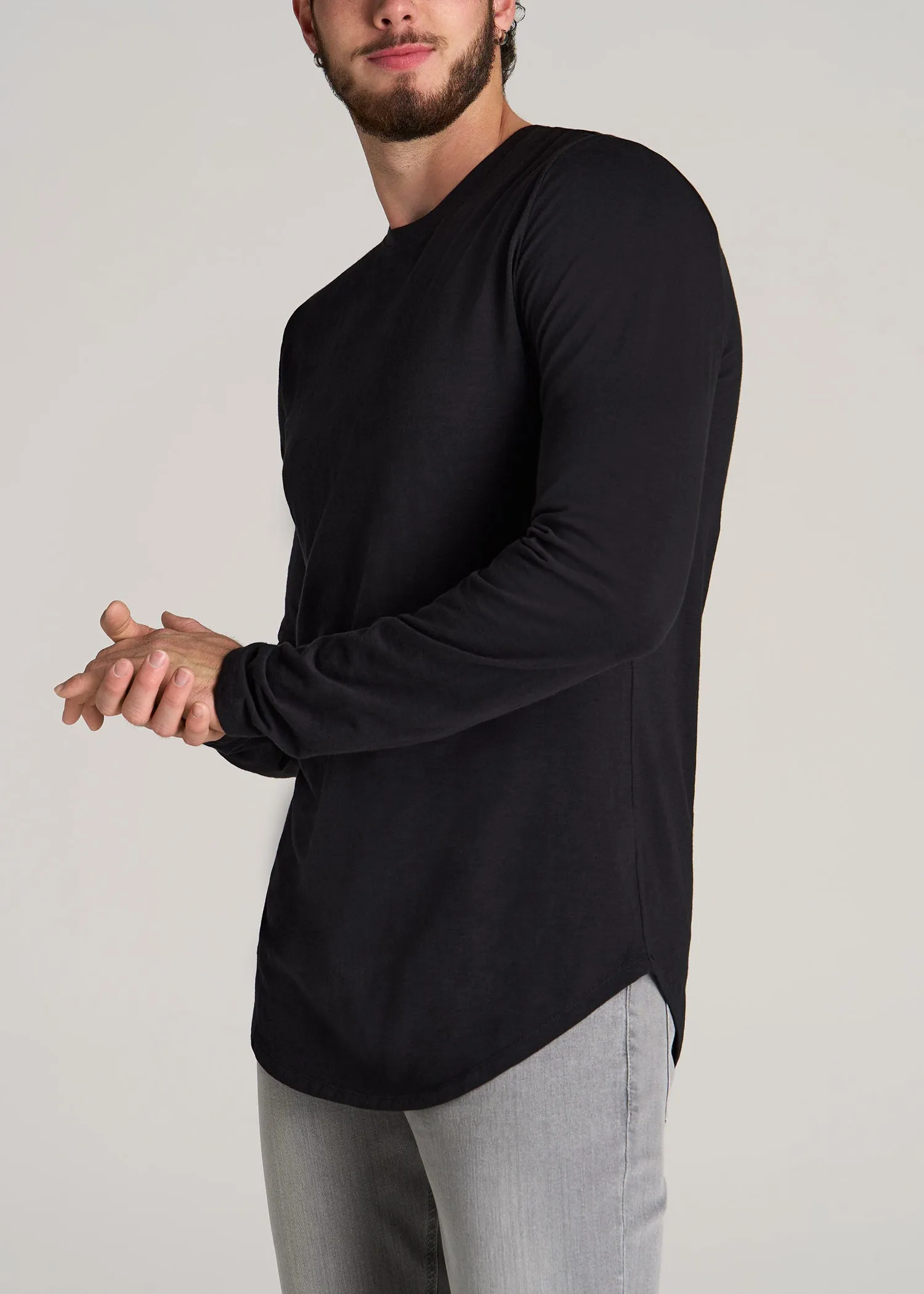 Slub Long Sleeve Scoop Tall Men's Tee in Black