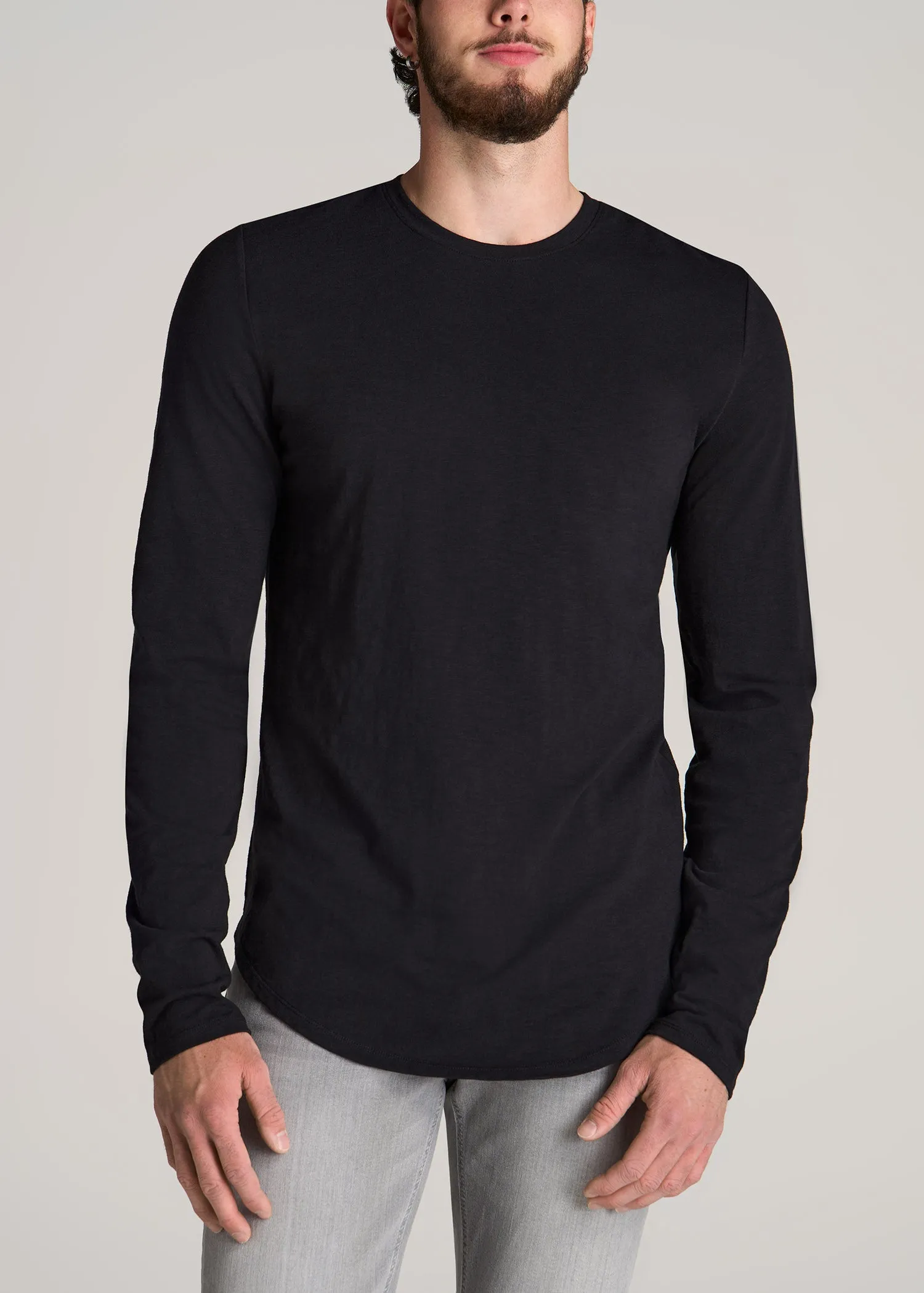 Slub Long Sleeve Scoop Tall Men's Tee in Black