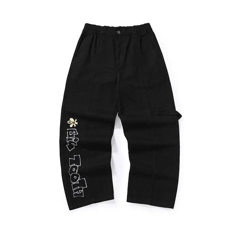 Small Daisy letter print medium high waist loose straight leg cotton casual pants