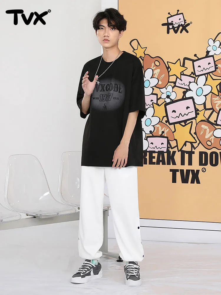 Street sports style letter label open and close self-adjusting laser buckle leg casual pants