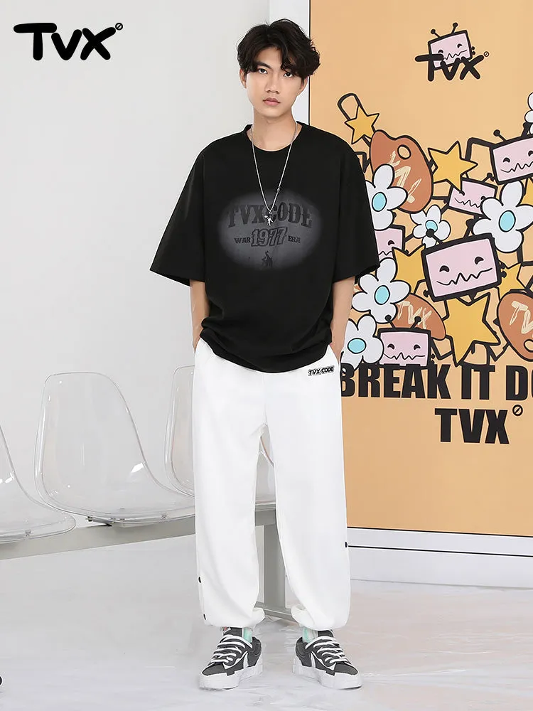 Street sports style letter label open and close self-adjusting laser buckle leg casual pants