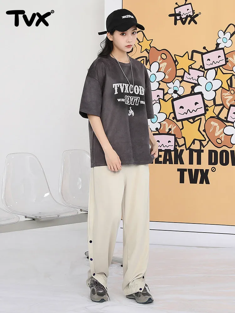 Street sports style letter label open and close self-adjusting laser buckle leg casual pants