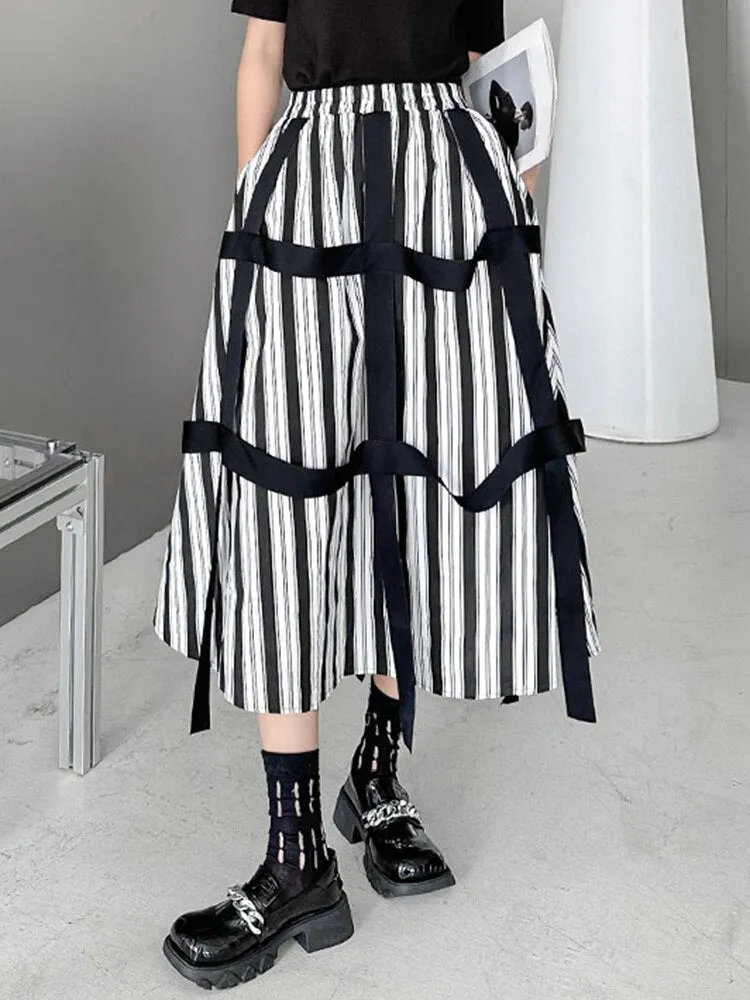 Striped Ribbon Casual Half-body Skirt