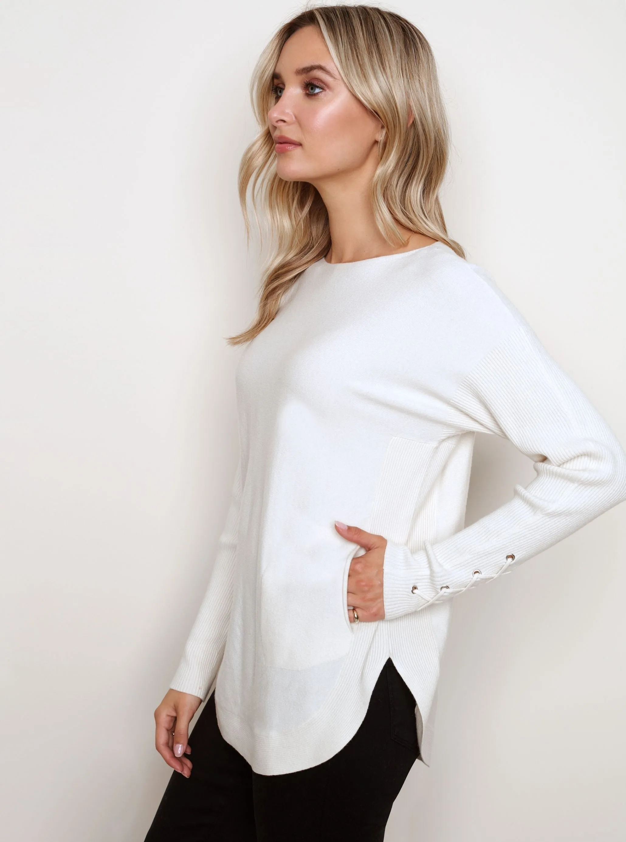 Sweater with Criss Cross Sleeve Detail [Cream-C2380R]