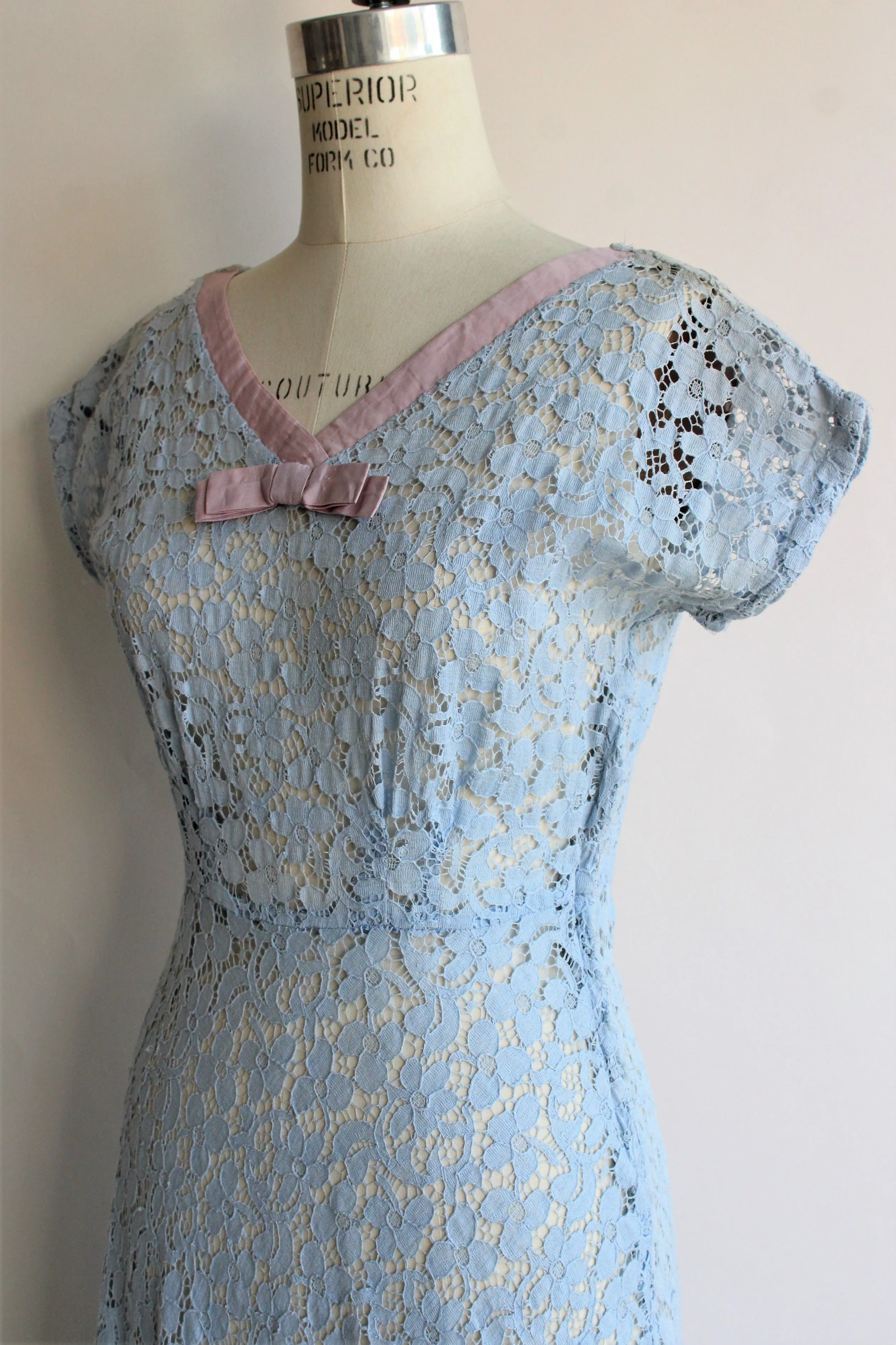 Vintage 1940s 1950s Blue Lace Dress With Lavender Bow