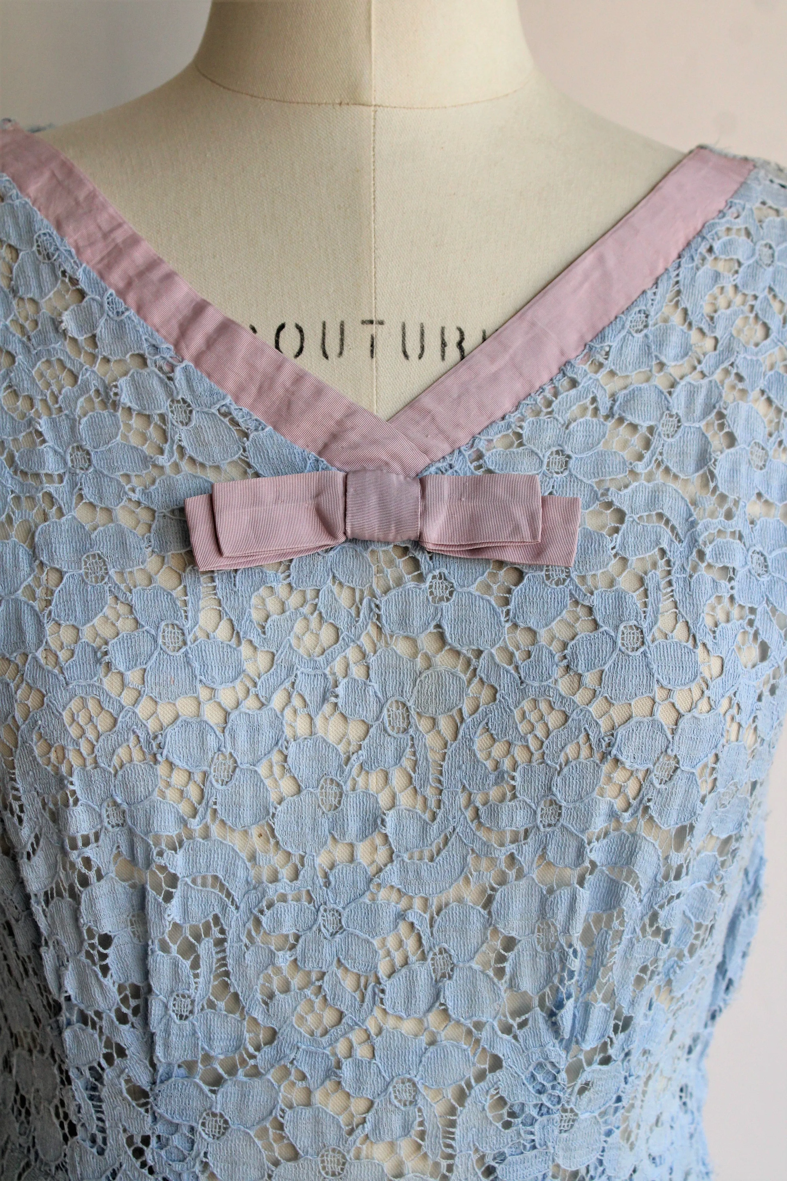 Vintage 1940s 1950s Blue Lace Dress With Lavender Bow