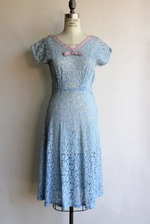 Vintage 1940s 1950s Blue Lace Dress With Lavender Bow