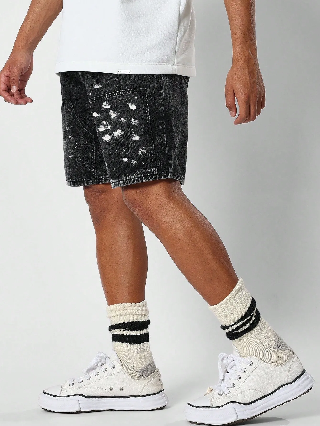 Washed Workwear Denim Short With Splatter Paint
