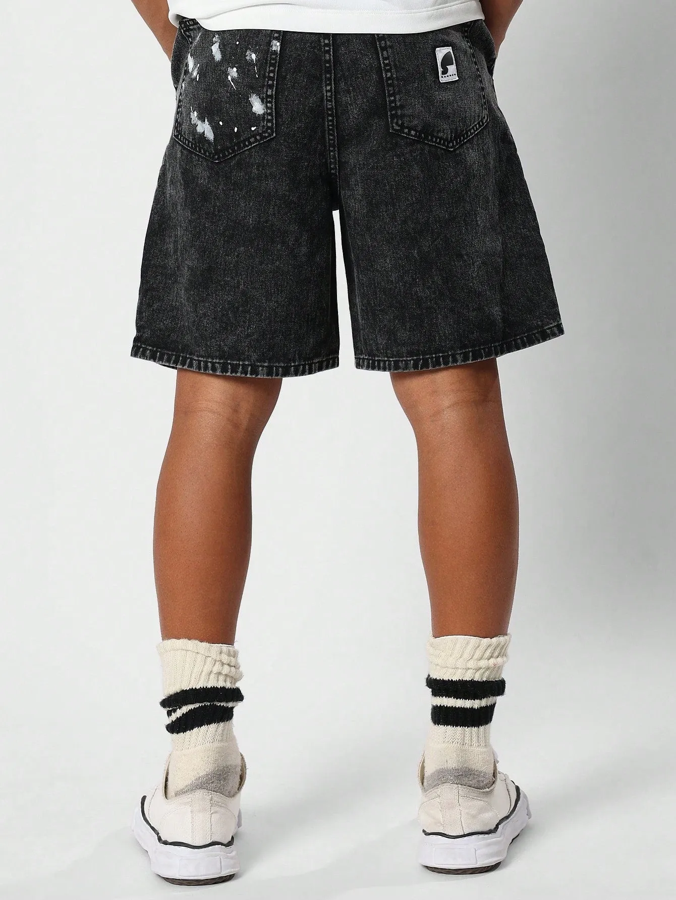 Washed Workwear Denim Short With Splatter Paint