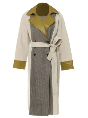 Wenkouban-Winter outfits Christmas PU Lapel Patchwork Plaid Double Breasted Trench Coat with Belt