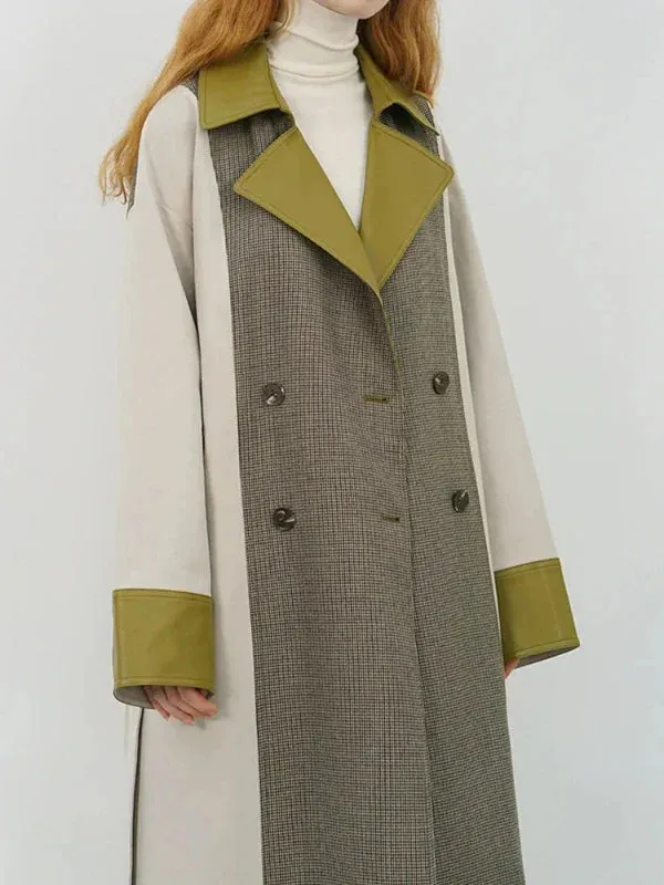 Wenkouban-Winter outfits Christmas PU Lapel Patchwork Plaid Double Breasted Trench Coat with Belt